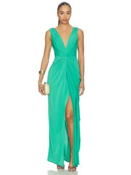 Katie May - Leo Women's Knot Detail Plunging Neck Maxi Gown Green