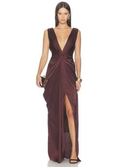 Katie May - Leo Women's Satin Twist Front Slit Maxi Gown Burgundy