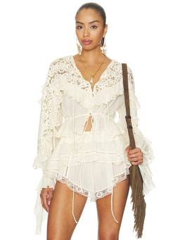 KETTEL ATELIER - Ista Women's Lace Trim Ruffled Tie-Up Blouse Off White