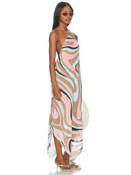 L'AGENCE - Swirl Print Women's Halter Neck Kerchief Hem Midi Dress Multi-Color