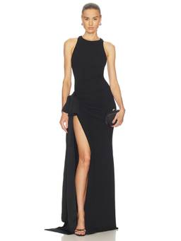 L'AGENCE - Frost Shirred Bow Women's Sleeveless High Slit Gown Black