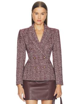 L'AGENCE - Cinched Waist Women's Double-Breasted Tweed Blazer Maroon