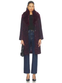 L'AGENCE - Faux Fur Women's Textured Jacquard Button Front Coat Burgundy