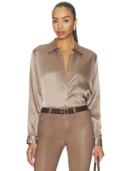 L'AGENCE - Silk Satin Women's Button-Down Long Sleeve Blouse Beige