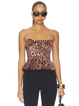 L'AGENCE - Mirella Women's Leopard Print Strapless Peplum Corset Top Brown