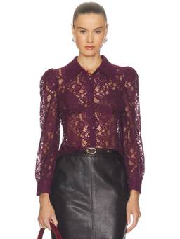 L'AGENCE - Anita Lace Women's Sheer Button-Up Shirt Burgundy