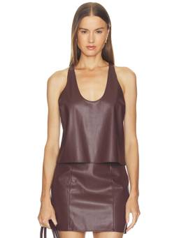 L'AGENCE - Racerback Women's Faux Leather Scoop Neck Tank Top Brown