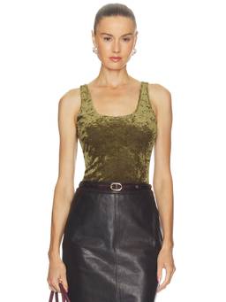 L'AGENCE - Scoop Neck Women's Sleeveless Velvet Bodysuit Olive