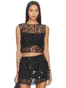 L'Academie - Women's Sheer Sequin Crochet Crop Top Black