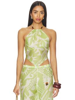 L'Academie - Nyra Women's Printed Halter Neck Tie-Up Blouse Green