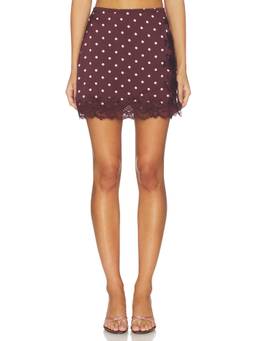 Line & Dot - Raye Women's Polka Dot Lace Trim Mini Skirt Wine