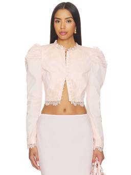 LoveShackFancy - Zephira Women's Lace Trim Cropped Jacket Pink