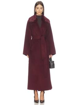 LoveShackFancy - Katniss Women's Belted Faux Fur Collar Longline Coat Burgundy