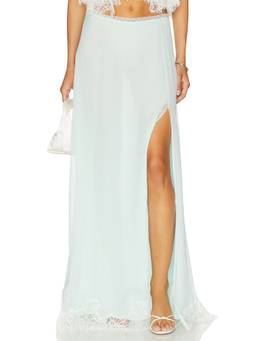 LoveShackFancy - Sheer Chiffon Women's Lace Trim Side Slit Maxi Skirt Blue