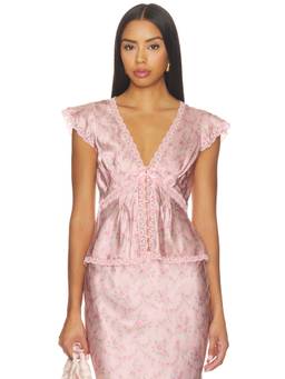 LoveShackFancy - Amara Women's Floral Lace Trim Satin Blouse Pink