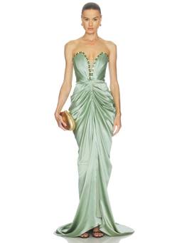 La Fuori - Crystal Women's Ruched Strapless Maxi Gown Green