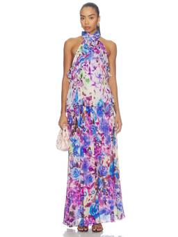La Fuori - Inked Floral Women's Ruffled Drop Waist Maxi Dress Multi-Color