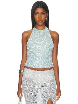 La Fuori - Isolde Women's Embellished Halter Neck Lace Top Blue