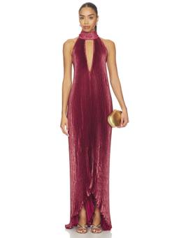 L'IDEE - Opera Women's Metallic Pleated Halter Neck Maxi Gown Maroon