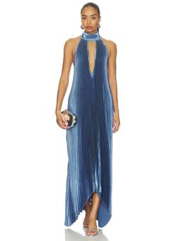 L'IDEE - Opera Women's Pleated Halter Neck Maxi Gown Blue