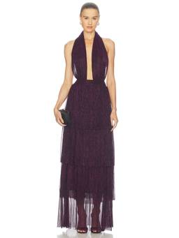 L'IDEE - Plisse Lurex Women's Halter Plunging Maxi Dress Purple