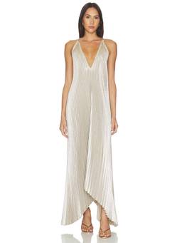 L'IDEE - Muse Women's Metallic Plisse V-Neck Maxi Dress Silver