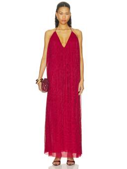 L'IDEE - Plisse Lurex Women's Halter Neck Maxi Gown Red