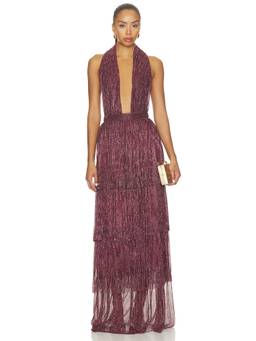 L'IDEE - Metallic Women's Halter Plunging Neck Maxi Dress Maroon