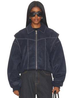 LIONESS - Vista Women's Faux Suede Zippered Bomber Jacket Navy Blue