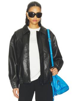 LIONESS - Kenny Women's Faux Leather Zip Bomber Jacket Black