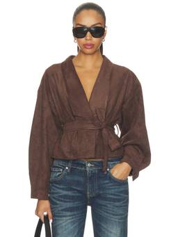 LIONESS - Ritz Women's Faux Suede Tie-Up Wrap Jacket Brown