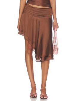 LIONESS - Legacy Women's Satin Asymmetrical Hem Midi Skirt Cocoa