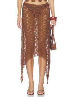 LIONESS - Trophy Women's Sheer Lace Asymmetric Midi Skirt Brown