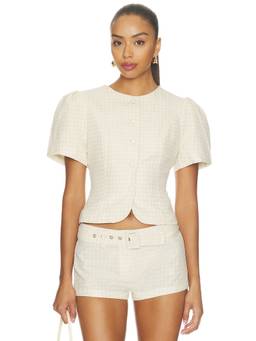 LIONESS - Women's Puff Sleeve Button Front Crop Blouse Beige
