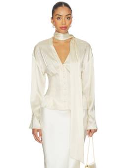 LPA - Satin Scarf Women's V-Neck Button-Front Blouse Ivory