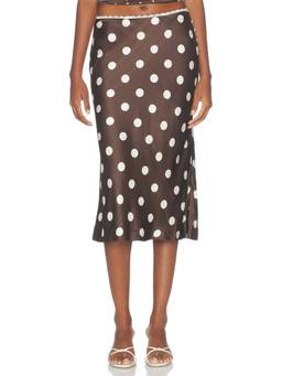 MAJORELLE - Mabel Women's Polka Dot Satin Midi Skirt Brown