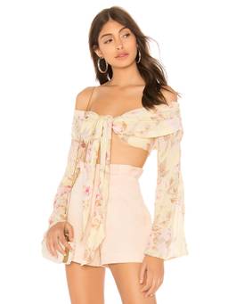 MAJORELLE - Robby Women's Tie-Up Square Neck Puff Sleeves Crop Top Blue