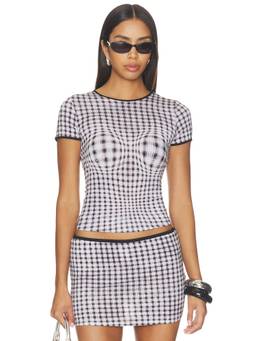 Miaou - Warped Plaid Women's Stretch Jersey Mini Tee Black & White