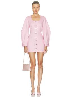 MATTHEW BRUCH - Leg Of Mutton Women's Scoop Neck Button Front Mini Dress Pink