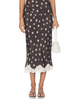 Maude Club - Alexi Women's Floral Lace Trim Midi Skirt Brown