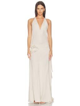 Mother of All - Fran Women's Floral Accent Halter Maxi Dress Beige