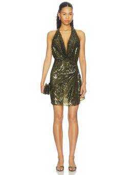 Mother of All - Gabi Sequins Women's Halter Plunging Mini Dress Green