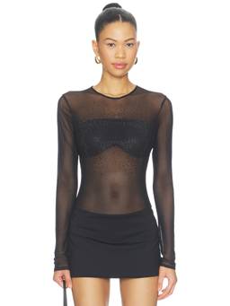 Mariandree Gaitan - Women's Sheer Mesh Sequin Embellished Bodysuit Black