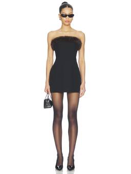 Mimchik - Faux Fur Trim Women's Strapless Boned Bodycon Mini Dress Black