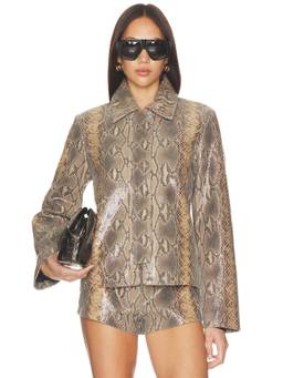 Mimchik - Snake Embossed Women's Glossy Leather Jacket Beige