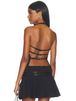 Mimchik - Triple Belt Women's Sleeveless Halter Neck Crop Top Black