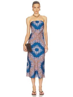 MISA Los Angeles - Thara Women's Strapless Printed Satin Midi Dress Blue