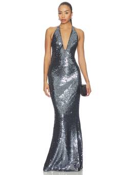 MISHA - Plunge Women's Sequin Halter Neck Maxi Dress Silver