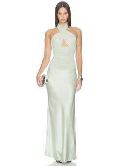 MISHA - Nyx Contrast Women's Ruched Halter Neck Maxi Dress Green