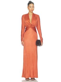 MISHA - Twist Jersey Women's Draped Full Sleeve Maxi Dress Orange